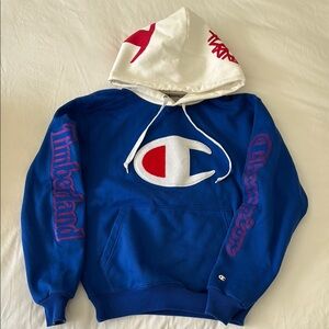 Champion X Timberland collab Blue Hoodie with Red and White Logo